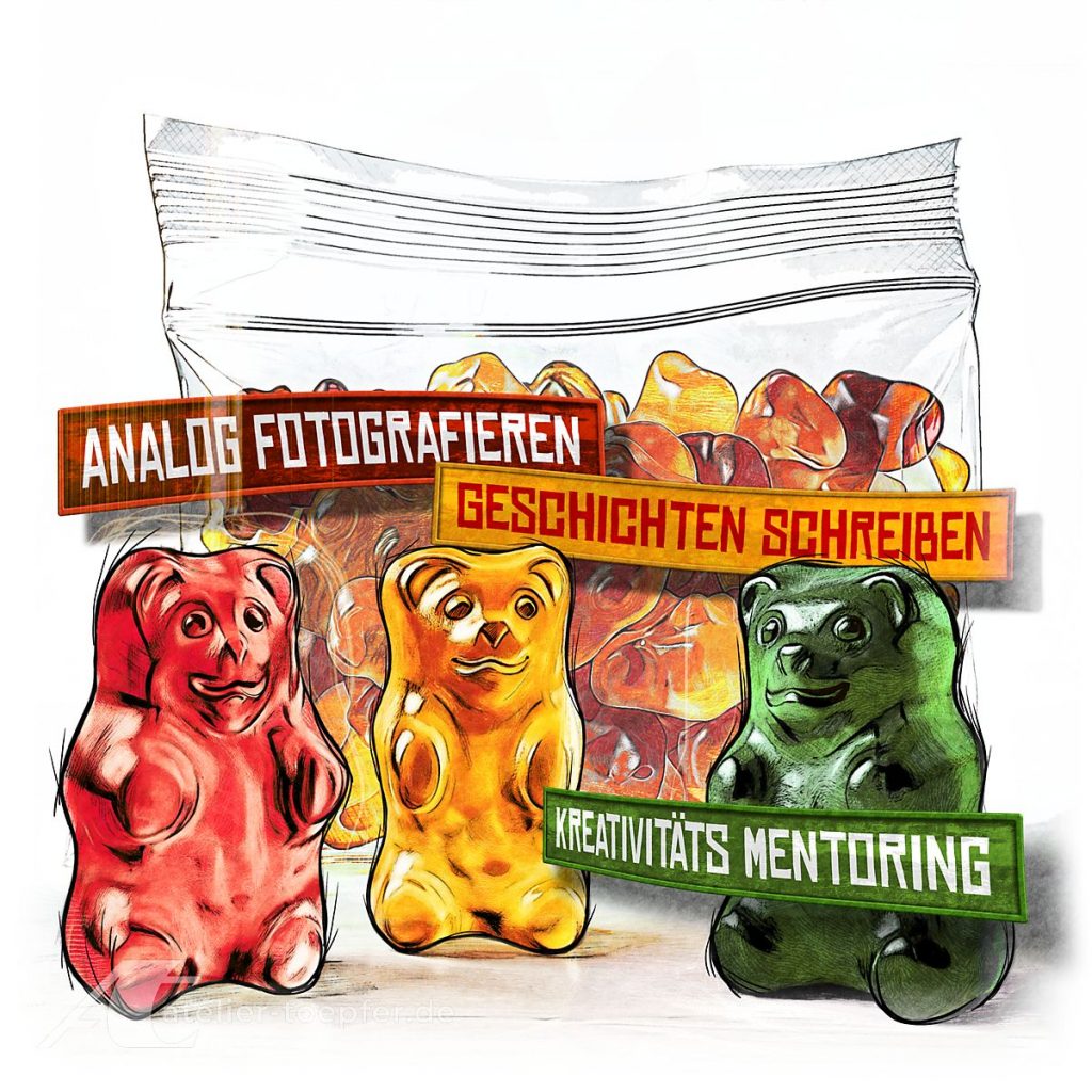 3 Gummibärchen vor einer gefüllten Tüte | Illustration von Matthias Töpfer | Umfangreich nachbearbeitete Vorlage eines KI-Prompts